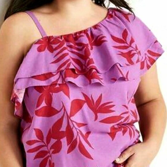 Old Navy Linen-Blend One Shoulder Ruffle Tropical Sleeveless Top Size Med - Picture 1 of 5